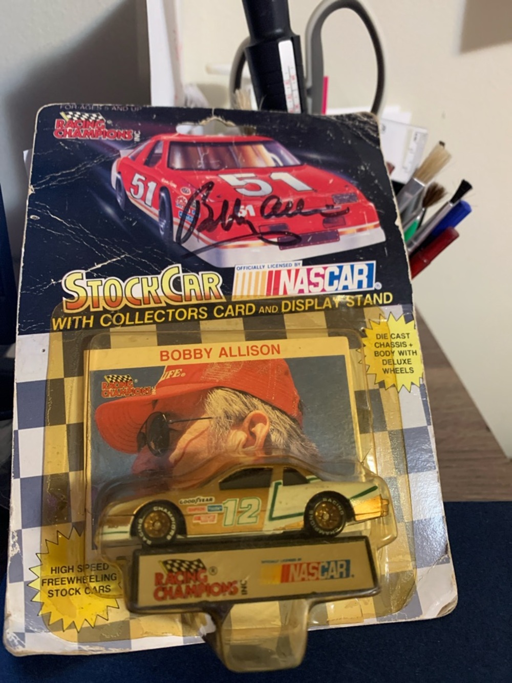 Nascar Bobby Allison Gold and Green Stock Car with Collectors Card